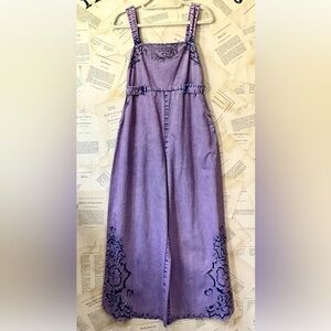 Free People Leighton Jumpsuit Denim Cutwork Embroidery Wide Leg Purple